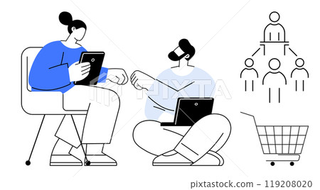 Two people using digital devices fist bump suggesting teamwork and collaboration. Organizational chart and shopping cart icon reinforce business themes. Ideal for teamwork, technology, business 119208020