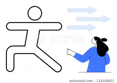 A dynamic pose stick figure and a woman in blue pointing towards arrows. Ideal for movement, direction, guidance, motivation, fitness, and instructional themes. Modern minimalist style A dynamic pose stick figure and a woman in blue pointing towards arrows. Ideal for movement, direction, guidance, motivation, fitness, and instructional themes. Modern minimalist style 119208022