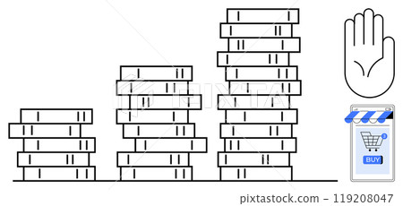 Stacked coin charts of varying heights represent financial growth. A stop hand sign and an online shopping button indicate e-commerce themes. Ideal for finance, economy, investment, savings 119208047