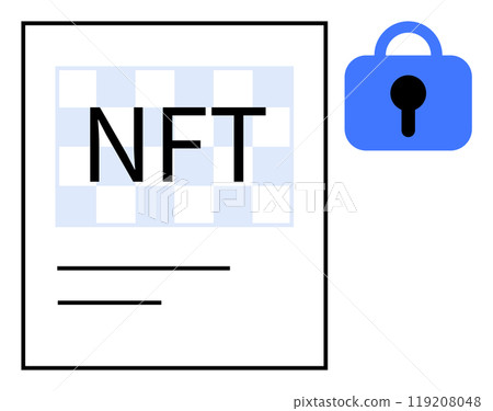 Digital document with NFT text and adjacent blue lock icon. Ideal for blockchain technology, digital ownership, security, cryptocurrency, digital art. Simple vector style Digital document with NFT text and adjacent blue lock icon. Ideal for blockchain technology, digital ownership, security, cryptocurrency, digital art. Simple vector style 119208048