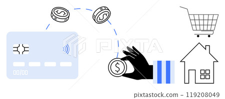 Hand holding a coin, credit card, coins in motion, shopping cart, house. Ideal for finance tech, online shopping, digital transactions, e-wallets, modern commerce. Simple, clean style Hand holding a coin, credit card, coins in motion, shopping cart, house. Ideal for finance tech, online shopping, digital transactions, e-wallets, modern commerce. Simple, clean style 119208049