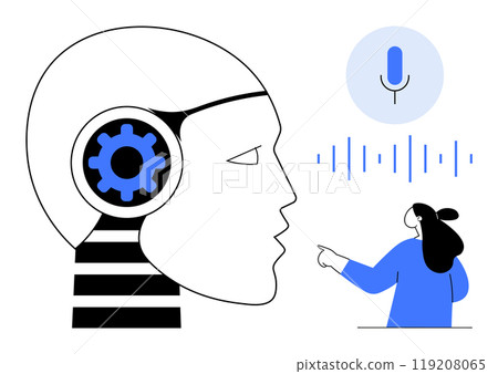 A robotic head with a gear in the ear faces a woman who is pointing at a microphone and sound waves. Ideal for technology, artificial intelligence, voice recognition, human interaction, innovation A robotic head with a gear in the ear faces a woman who is pointing at a microphone and sound waves. Ideal for technology, artificial intelligence, voice recognition, human interaction, innovation 119208065