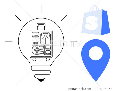 Organized luggage inside a light bulb, blue shopping bag and location marker symbolizing travel, shopping ideas, planning, and convenience. Ideal for travel planning, shopping, organization 119208068