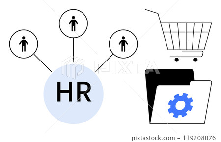 Graphic features HR connected to human icons, a shopping cart, and a folder with a gear. Ideal for HR management, team building, business planning, resource allocation, organizational development 119208076