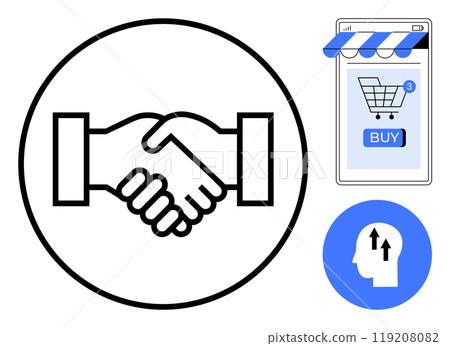 A handshake icon inside a circle, a shopping cart on a mobile screen with a Buy button, and a head with arrows icon. Ideal for e-commerce, partnerships, online shopping, business agreements A handshake icon inside a circle, a shopping cart on a mobile screen with a Buy button, and a head with arrows icon. Ideal for e-commerce, partnerships, online shopping, business agreements 119208082