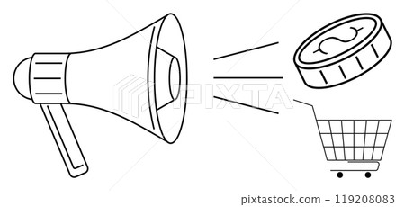 Megaphone projecting a coin into a shopping cart. Ideal for marketing, sales promotions, e-commerce, online shopping, and business growth. Represents advertising, revenue generation, and customer Megaphone projecting a coin into a shopping cart. Ideal for marketing, sales promotions, e-commerce, online shopping, and business growth. Represents advertising, revenue generation, and customer 119208083