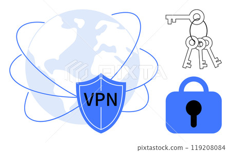 VPN shield over a globe, keys and a padlock. Ideal for data security, online privacy, secure communications, internet safety, anonymity. Simple, clean vector style VPN shield over a globe, keys and a padlock. Ideal for data security, online privacy, secure communications, internet safety, anonymity. Simple, clean vector style 119208084