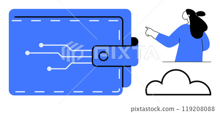 Digital wallet with circuit design, person in blue pointing, and cloud symbol. Ideal for tech, finance, digital transactions, cloud services, online payments. Minimalist, modern vector style 119208088