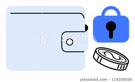 A blue wallet with a security lock and a coin symbol. Ideal for finance mobile applications. security digital currency electronic payments and cryptocurrency management. Simplified modern flat style A blue wallet with a security lock and a coin symbol. Ideal for finance mobile applications. security digital currency electronic payments and cryptocurrency management. Simplified modern flat style 119208089