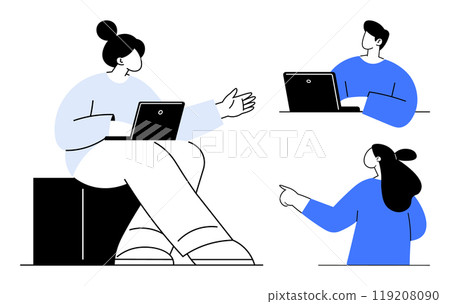 Three people are engaged in a discussion, each with a laptop. They seem to be sharing ideas and brainstorming. Ideal for teamwork, remote work, online meetings, collaboration, and digital education Three people are engaged in a discussion, each with a laptop. They seem to be sharing ideas and brainstorming. Ideal for teamwork, remote work, online meetings, collaboration, and digital education 119208090