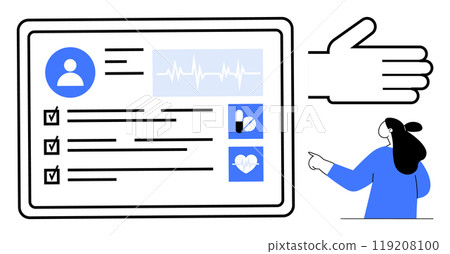 Digital health record with data sections ECG waveform and medical icons Hand hovering over screen with person pointing. Ideal for digital healthcare eHealth medical records telemedicine patient data 119208100
