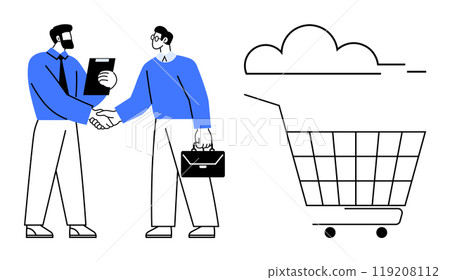 Two businessmen shaking hands highlight partnership and collaboration. The neighboring shopping cart represents online commerce and technology. Ideal for business, partnership, e-commerce 119208112