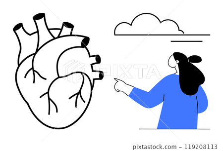 Large human heart beside person in blue pointing at cloud. Ideal for healthcare, education, biology, anatomy, and scientific research. Simple vector, minimalistic style, contrasting black and blue 119208113