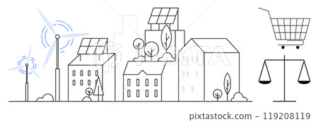 Modern cityscape with solar panels on buildings, wind turbines, trees, a shopping cart, and scales representing balance. Ideal for renewable energy, sustainability, eco-friendly living, urban 119208119