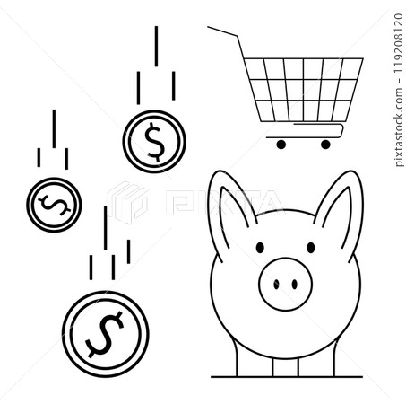 A piggy bank with coins falling into it and a shopping cart on the side. Ideal for themes like savings, personal finance, budgeting, investing, and money management. Simple line drawing style in A piggy bank with coins falling into it and a shopping cart on the side. Ideal for themes like savings, personal finance, budgeting, investing, and money management. Simple line drawing style in 119208120