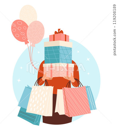 Festive woman holding many gift paper bags, gift boxes and balloons. Concept Holiday, birthday boy, shopper character, shopping and sale day. Vector illustration. Festive woman holding many gift paper bags, gift boxes and balloons. Concept Holiday, birthday boy, shopper character, shopping and sale day. Vector illustration. 119208189