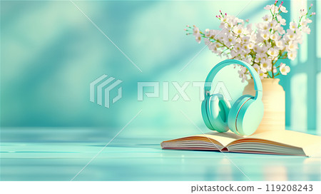 Headphones on an open book beside a vase of flowers, copy space Headphones on an open book beside a vase of flowers, copy space 119208243