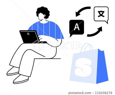 Person using laptop next to translation icons and shopping bag. Ideal for online shopping language translation ecommerce globalization technology seamless experience accessibility Person using laptop next to translation icons and shopping bag. Ideal for online shopping language translation ecommerce globalization technology seamless experience accessibility 119208278