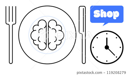 A brain is plated with a fork and knife beside it, a clock, and a speech bubble with the word Shop. Ideal for food, health, time management, shopping, and productivity. Minimalist, modern, conceptual 119208279