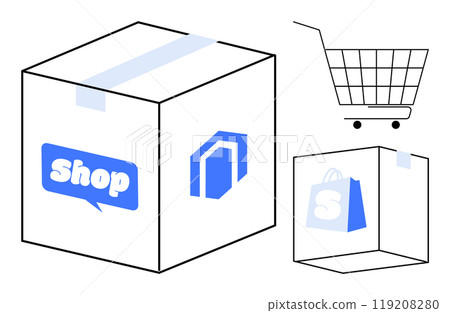 Three packages with shopping and delivery icons and a shopping cart. Ideal for e-commerce, online shopping, delivery services, retail management, consumer trends. Flat vector style, blue and white 119208280