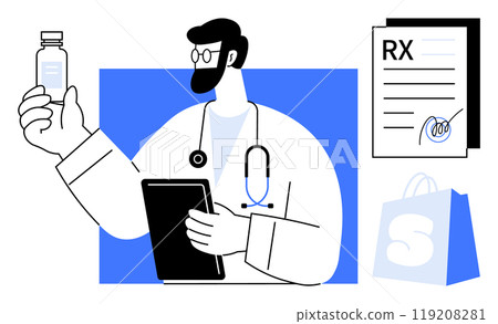 A doctor holding a prescription bottle and a tablet, with a prescription document and shopping bag in the background. Ideal for medical services, healthcare technology, telemedicine, online 119208281