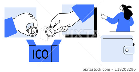A depiction of hands holding cryptocurrency coins, a digital wallet, and a person pointing. Ideal for cryptocurrency, digital payments, initial coin offering, blockchain technology, financial 119208290