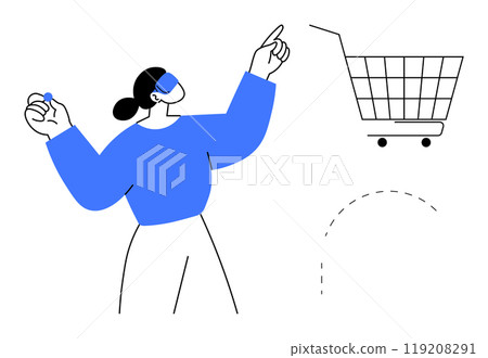 Woman in a blue top pointing towards a shopping cart. Simple and bold style with limited colors. Ideal for online shopping, e-commerce, retail, digital marketing, consumer behavior. Minimalistic flat 119208291