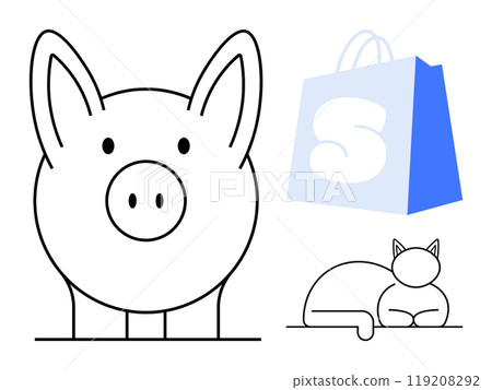 Cartoon pig face, blue shopping bag with letter S, and sleeping cat. Ideal for pet themes, childrens books, online shopping, minimalistic art, educational materials. Clean lines style Cartoon pig face, blue shopping bag with letter S, and sleeping cat. Ideal for pet themes, childrens books, online shopping, minimalistic art, educational materials. Clean lines style 119208292