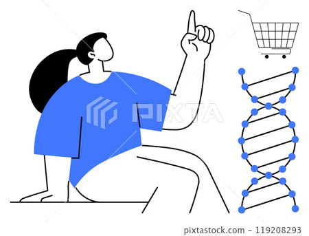 A person points upward beside a DNA double helix and a shopping cart. Ideal for science, research, e-commerce, biology education, and consumer behavior. Modern flat style with blue and black colours A person points upward beside a DNA double helix and a shopping cart. Ideal for science, research, e-commerce, biology education, and consumer behavior. Modern flat style with blue and black colours 119208293