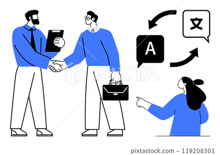 Two professional figures shaking hands in a business setting with translation icons, representing collaboration, communication, and global business. Ideal for business, translation services 119208301