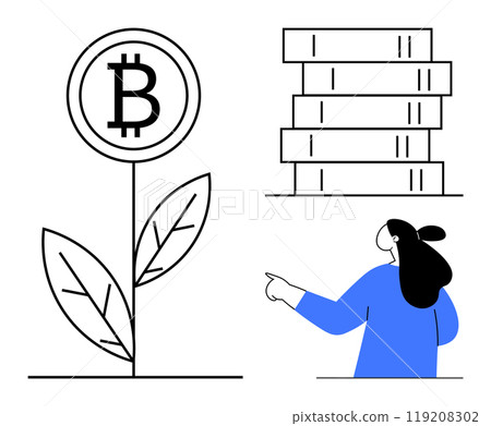 Black and white plant with Bitcoin symbol, stack of coins, and person in blue pointing. Ideal for cryptocurrency, digital finance, investment, economic growth, fintech. Clean minimalistic style Black and white plant with Bitcoin symbol, stack of coins, and person in blue pointing. Ideal for cryptocurrency, digital finance, investment, economic growth, fintech. Clean minimalistic style 119208302