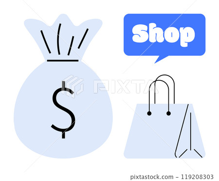 Large money bag with dollar sign, a shopping bag, and a text bubble with Shop. Ideal for retail, e-commerce, financial savings, budgeting, and online shopping themes. Minimalist vector style 119208303