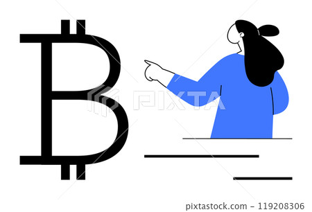 A woman with long black hair and a blue sweater points towards a large Bitcoin symbol on a white background. Ideal for financial topics cryptocurrency technology education investment A woman with long black hair and a blue sweater points towards a large Bitcoin symbol on a white background. Ideal for financial topics cryptocurrency technology education investment 119208306