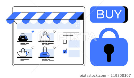 Online store page displayed with handbags, a buy button and a padlock symbol. Ideal for e-commerce, online shopping, cybersecurity, payment security, digital transactions. Flat design style Online store page displayed with handbags, a buy button and a padlock symbol. Ideal for e-commerce, online shopping, cybersecurity, payment security, digital transactions. Flat design style 119208307
