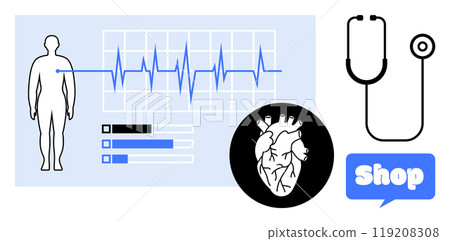 Medical chart with ECG line, human figure, heart diagram, stethoscope and shop text. Ideal for healthcare, cardiology, medical equipment, health monitoring, and online medical store themes. Flat 119208308