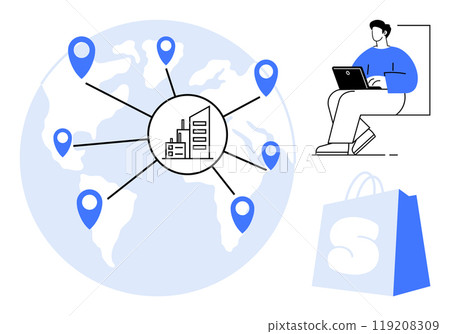 A map of the world with location pins connected to a central hub. It also shows a person using a laptop and a shopping bag. Ideal for supply chain management, logistics planning, global business 119208309