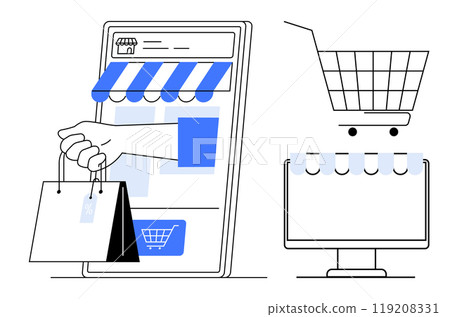 Two devices display online shopping platforms with a hand holding shopping bags. Ideal for themes of online shopping, e-commerce, digital marketing, technology advancement, mobile commerce 119208331