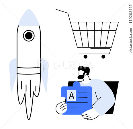 Rocket symbolizes growth and innovation. Shopping cart represents commerce and retail. Employee holding document signifies business organization and management. Ideal for startup businesses ecommerce 119208335