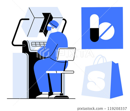 A healthcare worker is sitting at a computer, wearing a mask and hat. Nearby are icons representing medicine and shopping. Ideal for medical, healthcare technology, telemedicine, e-commerce 119208337