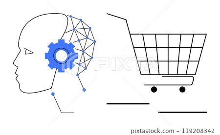 Human head with a blue gear and network connections next to a shopping cart. Ideal for Artificial Intelligence E-commerce Online Shopping Technology Innovation. Simplistic modern style 119208342