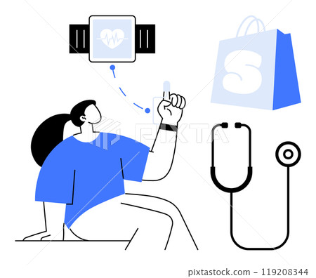 Person sitting while interacting with a smartwatch displaying a heartbeat. Next to them are a shopping bag and a stethoscope. Ideal for health, fitness, technology, e-commerce, and medical themes 119208344