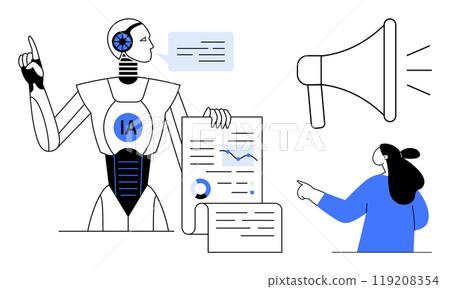 AI robot presenting charts with human interaction and megaphone symbol. Ideal for AI concepts data analysis information visualization teamwork communication. Simple modern style 119208354