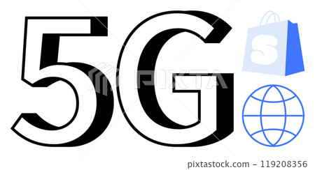 Large 5G symbol with shopping bag and globe. Ideal for technology, internet speed, online shopping, mobile commerce, connectivity. Modern design, bold lines 119208356