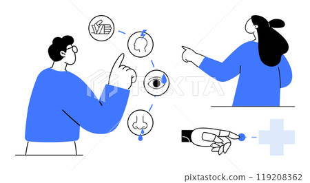 People interacting with icons representing five senses. Includes visual elements like woman pointing, man gesturing, a robotic hand, and health cross symbol. Ideal for technology, healthcare, human People interacting with icons representing five senses. Includes visual elements like woman pointing, man gesturing, a robotic hand, and health cross symbol. Ideal for technology, healthcare, human 119208362