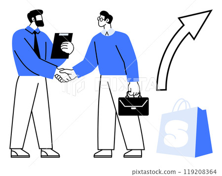 Two men in business attire shaking hands symbolizing a successful agreement, with a briefcase and clipboard visible. An upward arrow and a shopping bag with an S enhance the business theme Two men in business attire shaking hands symbolizing a successful agreement, with a briefcase and clipboard visible. An upward arrow and a shopping bag with an S enhance the business theme 119208364