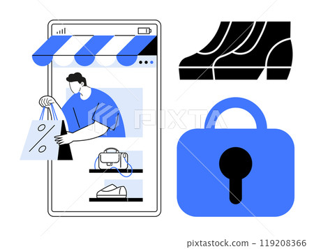 Man shopping on mobile app screen, products displayed, security lock icon, shopping cart icon. Ideal for e-commerce, mobile apps, online security, digital shopping, user protection. Clean vector 119208366