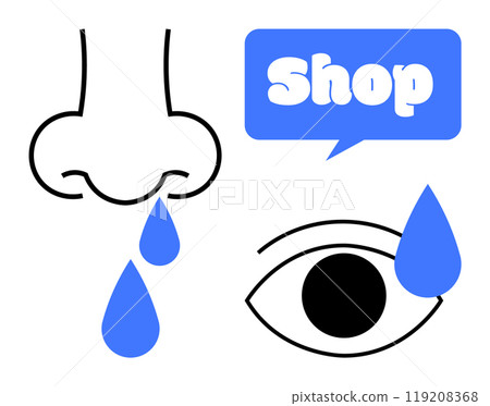 A vector image of a nose and eye with blue raindrop-like symbols and a speech bubble with the word Shop in bold text. Ideal for advertisements, health awareness, e-commerce, allergy-related content A vector image of a nose and eye with blue raindrop-like symbols and a speech bubble with the word Shop in bold text. Ideal for advertisements, health awareness, e-commerce, allergy-related content 119208368