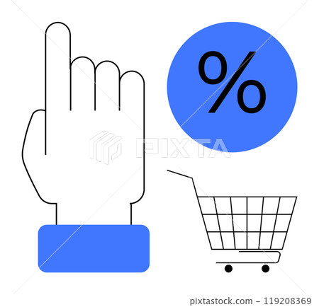 Hand pointing upwards, a blue percentage symbol, and a shopping cart on a white background. Ideal for e-commerce, digital marketing, retail discount promotions, online shopping guides, and sales Hand pointing upwards, a blue percentage symbol, and a shopping cart on a white background. Ideal for e-commerce, digital marketing, retail discount promotions, online shopping guides, and sales 119208369