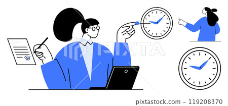 Person working on laptop while pointing at clock, holding document. Ideal for time management, productivity, remote work, planning, project management. Clean modern style Person working on laptop while pointing at clock, holding document. Ideal for time management, productivity, remote work, planning, project management. Clean modern style 119208370