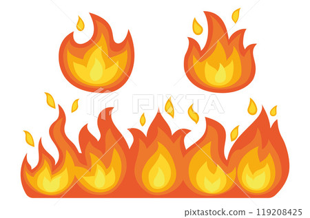 Burning flames with varying shapes and sizes in vibrant orange and yellow colors. Ideal for themes of heat, danger, energy, passion, and emergency. Bright and attention-grabbing style Burning flames with varying shapes and sizes in vibrant orange and yellow colors. Ideal for themes of heat, danger, energy, passion, and emergency. Bright and attention-grabbing style 119208425